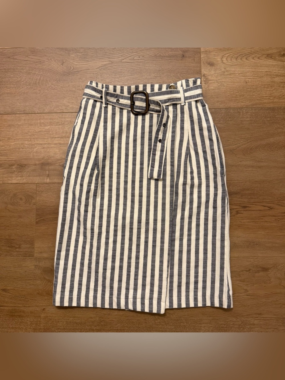 Anthropologie Womens Blue/Cream Vertical Striped Midi Wrap Pencil Skirt,US Sz. 0